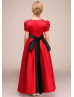 Short Sleeves Red Satin Flower Girl Dress